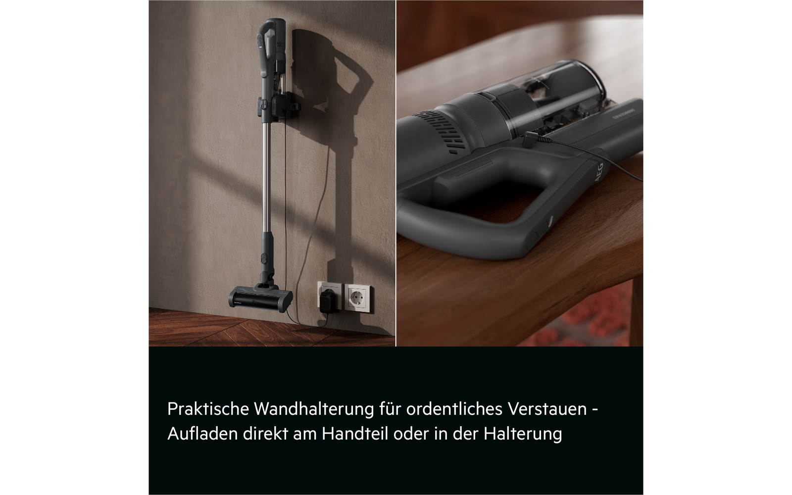 Split image: left a stick vacuum on a wall mount next to an outlet with visible cable; right a close-up of the handheld unit with transparent dust container on a wooden surface; black bar with German text at bottom