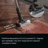 Vacuum floor nozzle with LED lights on carpet next to wood floor, circular close-up shows hair in the brush head, text 'ANTI-TANGLE SYSTEM'