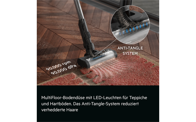 Vacuum floor nozzle with LED lights on carpet next to wood floor, circular close-up shows hair in the brush head, text 'ANTI-TANGLE SYSTEM'