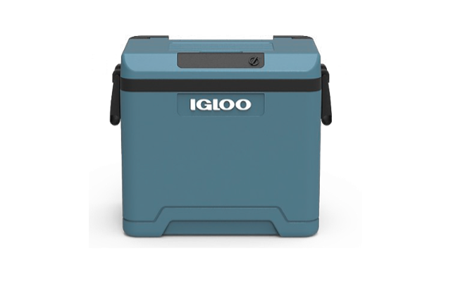 Blaue Kunststoffbox mit weißem 'IGLOO'-Logo vorne, schwarzen Griffen an beiden Seiten und flachem Deckel