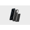 Deux coques de téléphone noires, une ouverte et une fermée, sur fond blanc
