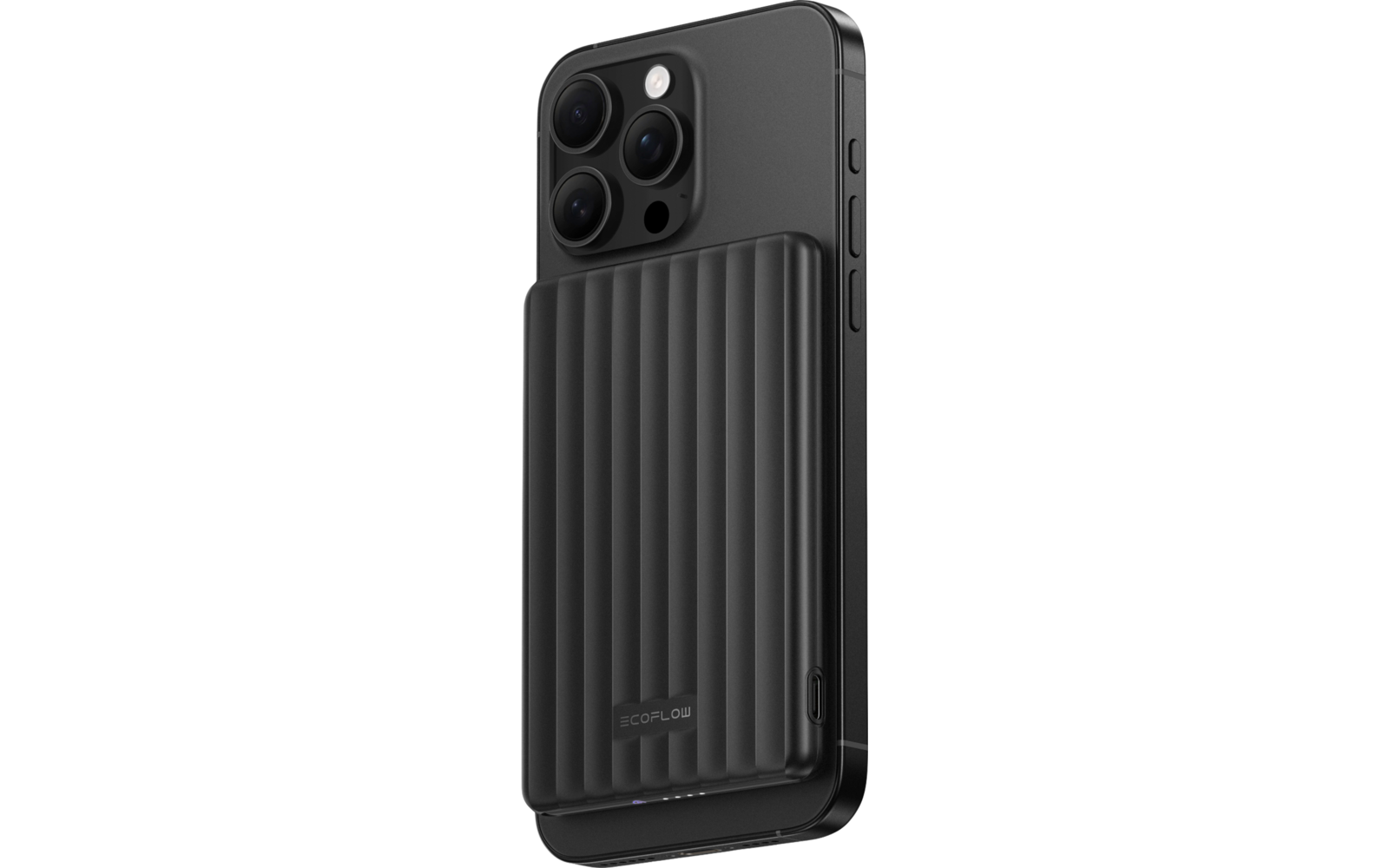 Smartphone noir avec une coque rainurée et trois objectifs photo à l'arrière