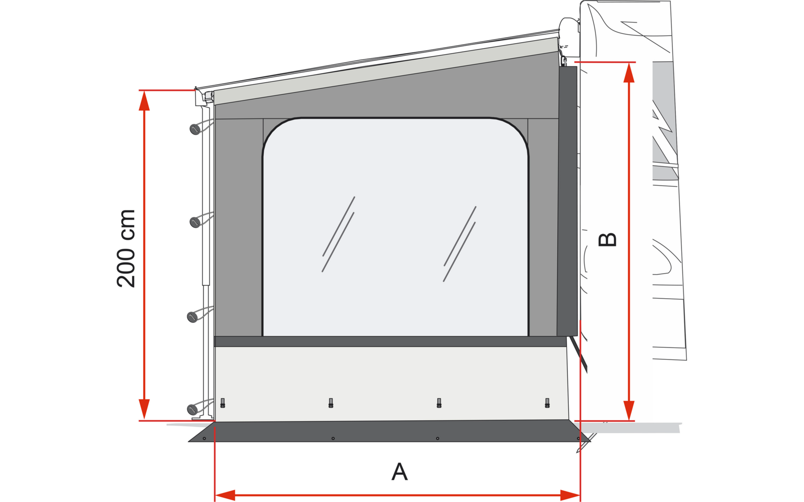 Technische Zeichnung eines rechteckigen Aufbaus mit schrägem Dach, großem mittigem rechteckigen Fenster mit abgerundeten Ecken und zwei diagonalen Strichen, seitlichen Befestigungspunkten, unterer Bodenlasche und roten Maßpfeilen links (200 cm), unte