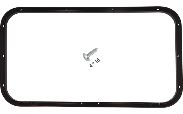 Black smartphone frame in landscape orientation, centered single silver Phillips‑head screw on a black background