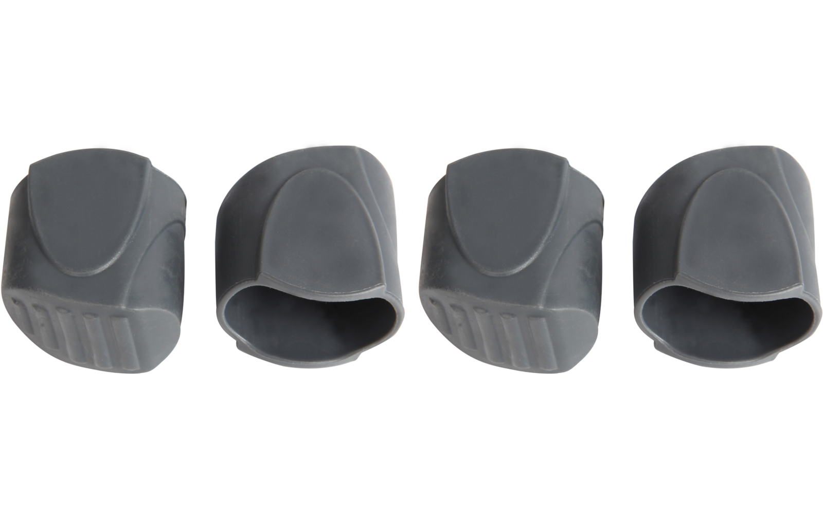 Vier graue, halbrunde Hüllen mit offener Unterseite nebeneinander auf weißem Hintergrund