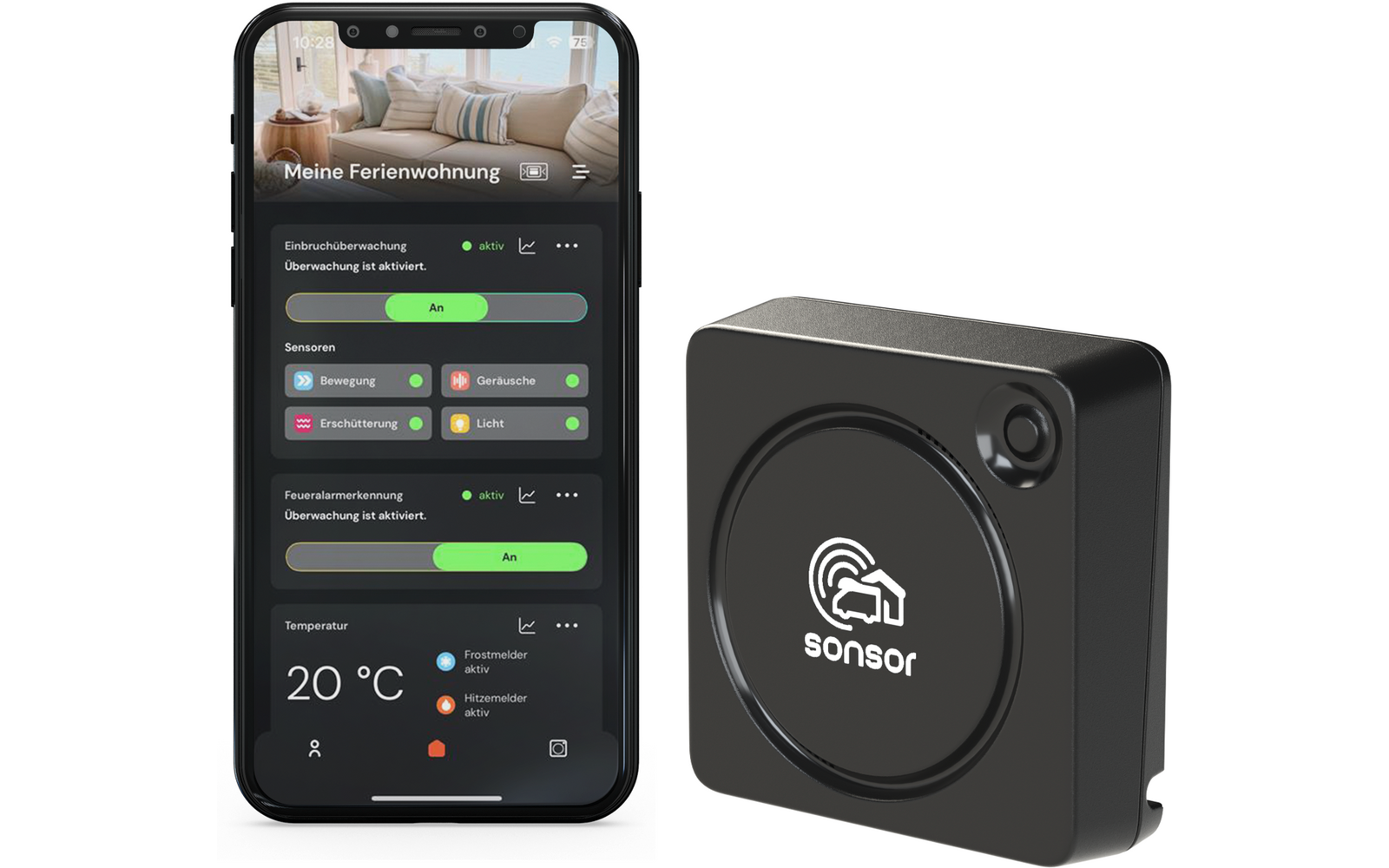 Smartphone links mit App-Bildschirm 'Meine Ferienwohnung', Schalter, Symbole und Temperaturanzeige '20 °C'; rechts schwarzes quadratisches Gerät mit weißem Logo 'sonsor'