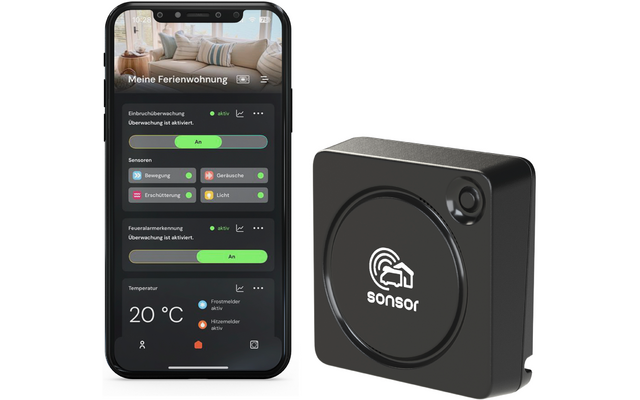 Smartphone links mit App-Bildschirm 'Meine Ferienwohnung', Schalter, Symbole und Temperaturanzeige '20 °C'; rechts schwarzes quadratisches Gerät mit weißem Logo 'sonsor'