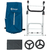 Blue fabric bag with the text "Berger" and a vertical white zipper strip, folded silver metal frame with black handles, black rectangular insert piece, two black three‑spoke wheels