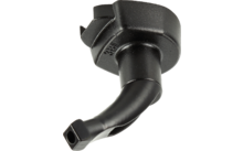 Schwarzes, gebogenes Kunststoffrohr mit runder Befestigungsplatte und rechteckiger Öffnung am Ende