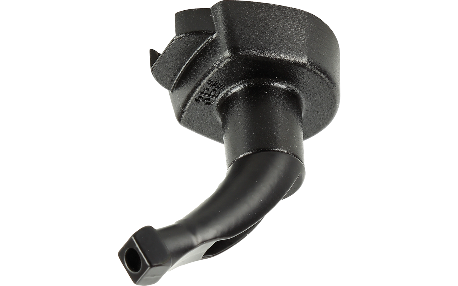 Schwarzes, gebogenes Kunststoffrohr mit runder Befestigungsplatte und rechteckiger Öffnung am Ende