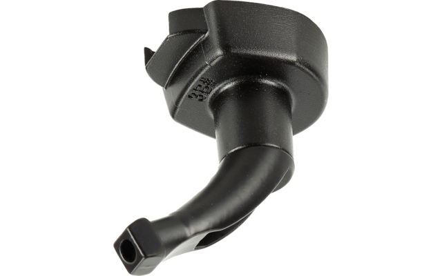 Schwarzes, gebogenes Kunststoffrohr mit runder Befestigungsplatte und rechteckiger Öffnung am Ende