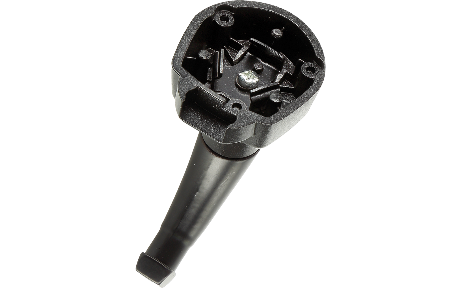 Schwarzes Kunststoffteil mit langem konischem Stiel und offenem rundem Kopf; im Kopf sichtbare Metallschraube und Kunststoffführungen