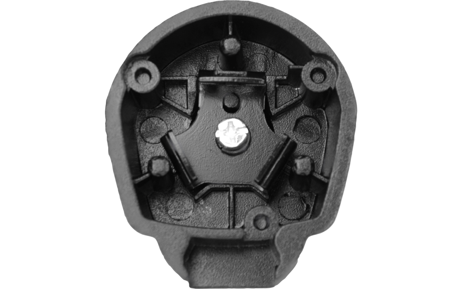 Schwarzes ovales Kunststoffgehäuse von oben, zentrale silberne Kreuzschlitzschraube, drei angeformte schwarze Stege um die Mitte, runde Vertiefungen an den Innenwänden, strukturierte Oberfläche