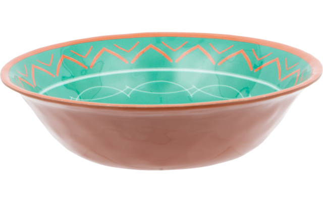 Ronde platte kom met bruine buitenkant en turquoise binnenkant met zigzag- en lijnpatronen