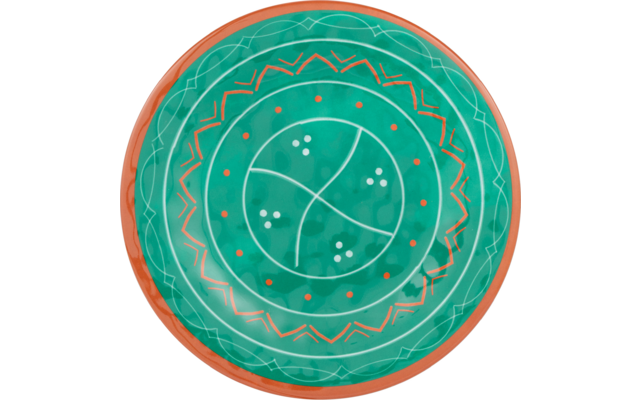 Rond bord met turquoisegroene oppervlakte, oranje rand, concentrische sieringen, witte zigzaglijnen en kleine witte en oranje stippen; in het midden drie gebogen segmenten met witte stippen