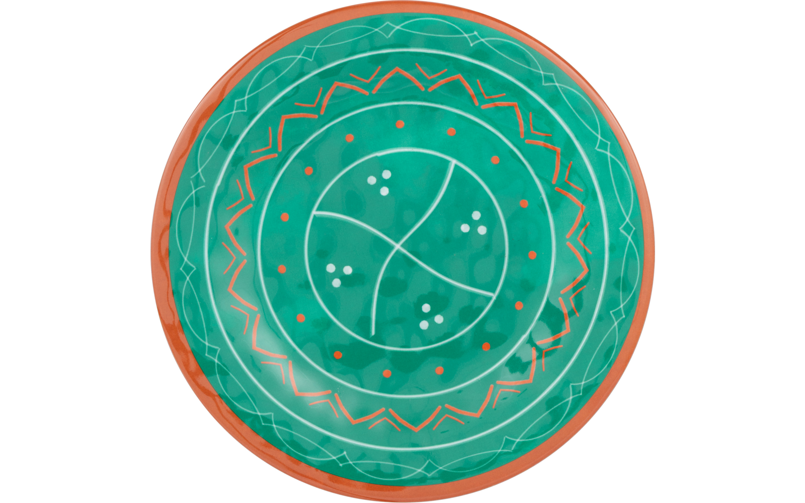 Rond bord met turquoisegroene oppervlakte, oranje rand, concentrische sieringen, witte zigzaglijnen en kleine witte en oranje stippen; in het midden drie gebogen segmenten met witte stippen