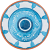 Rond keramisch bord met blauwe concentrische cirkels, witte gebogen lijnen en druppelmotieven, oranje rand