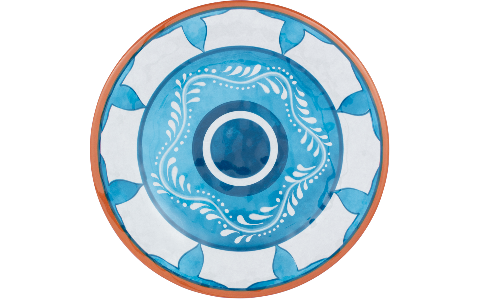 Rond keramisch bord met blauwe concentrische cirkels, witte gebogen lijnen en druppelmotieven, oranje rand
