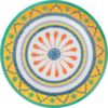 Rond, kleurrijk patroon met groene buitenrand; concentrische ringen: gele ring met kleine groene bloemmotieven, blauwe parelrijen, binnenste cirkel met oranje druppelvormige elementen rond een blauw centrum