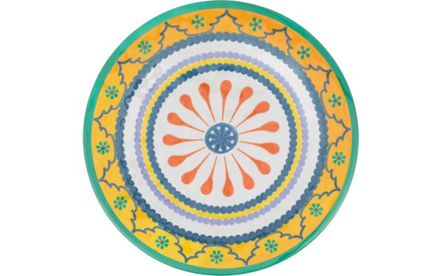 Rond, kleurrijk patroon met groene buitenrand; concentrische ringen: gele ring met kleine groene bloemmotieven, blauwe parelrijen, binnenste cirkel met oranje druppelvormige elementen rond een blauw centrum