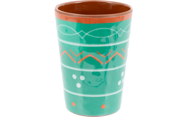 Groene beker met oranje binnenkant en rand, witte horizontale lijnen, witte stippen en oranje zigzag- en ruitpatronen