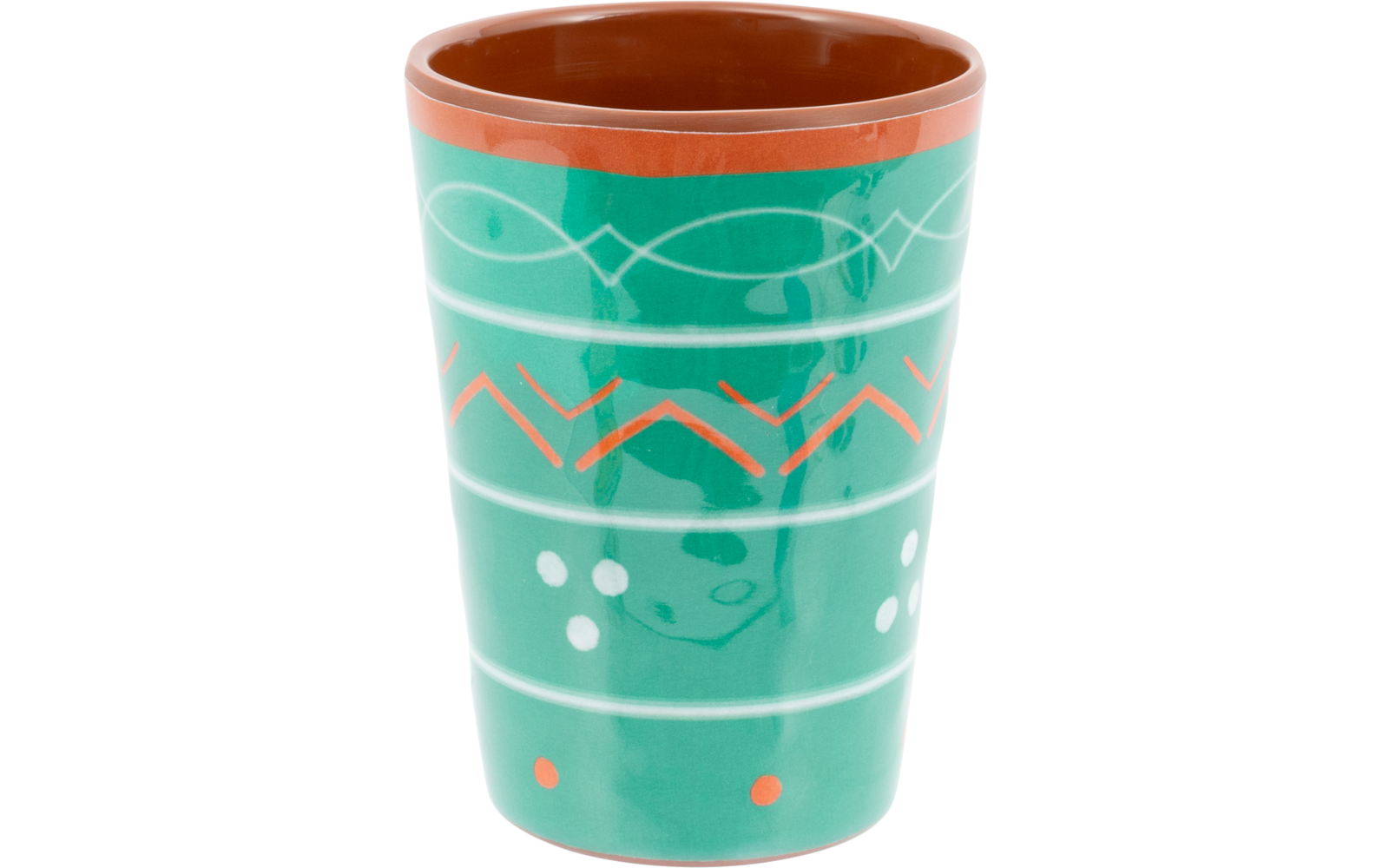 Groene beker met oranje binnenkant en rand, witte horizontale lijnen, witte stippen en oranje zigzag- en ruitpatronen