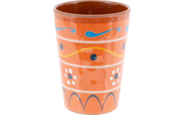 Oranje keramische beker met witte, blauwe en gele decoratieve patronen