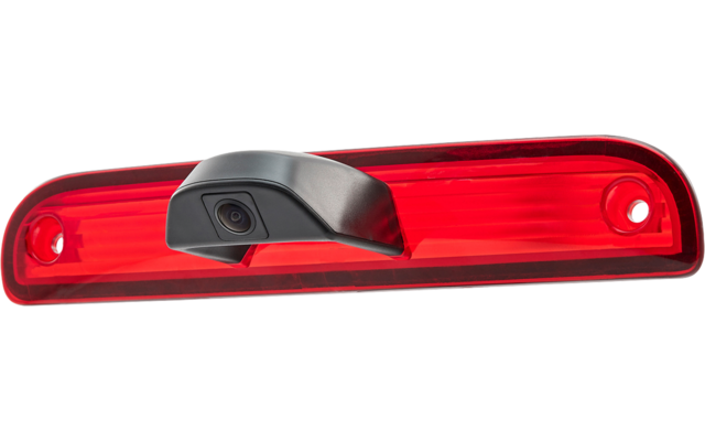 Rotes, längliches Lichtgehäuse mit zentraler schwarzer Einheit und sichtbarer runder Linse; zwei Befestigungsöffnungen, weißer Hintergrund