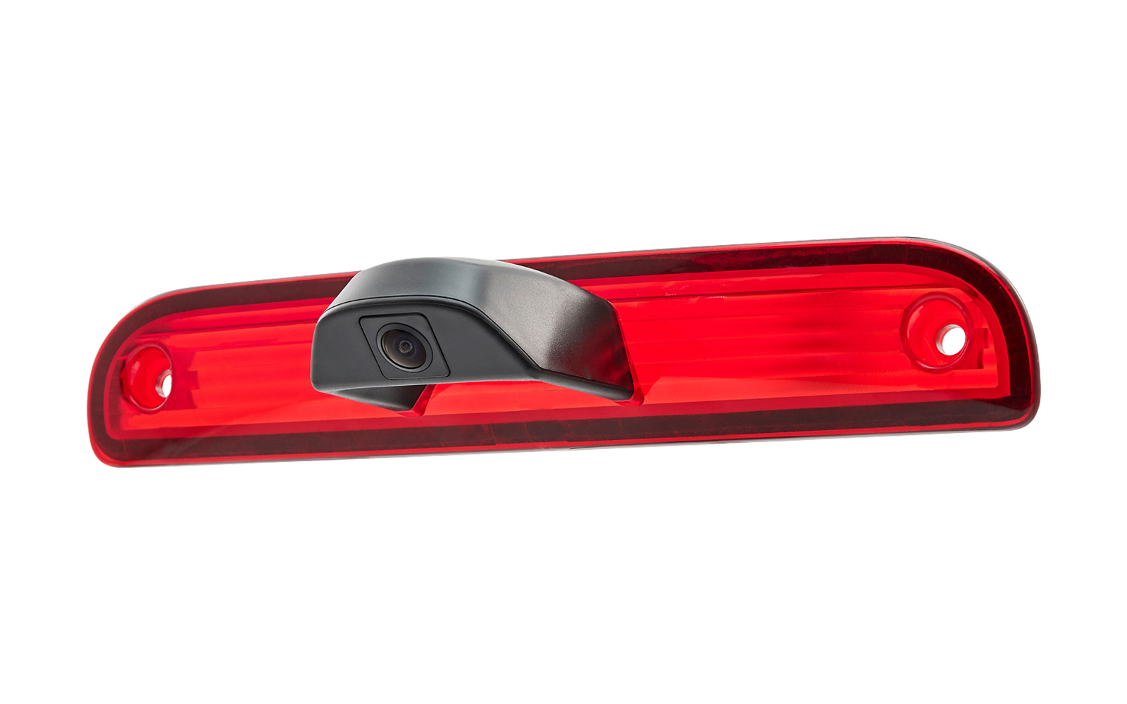 Rotes, längliches Lichtgehäuse mit zentraler schwarzer Einheit und sichtbarer runder Linse; zwei Befestigungsöffnungen, weißer Hintergrund