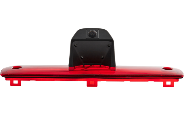 Rotes, längliches Kunststoffglas mit mittigem schwarzem Gehäuse und sichtbarer runder Linse