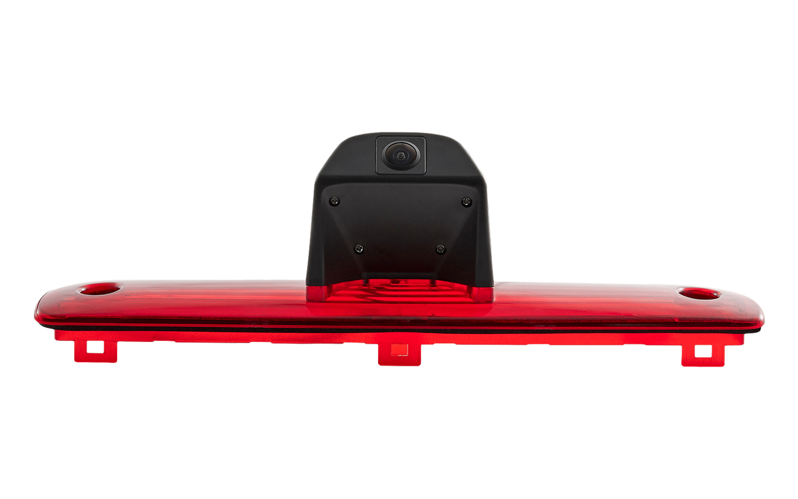 Rotes, längliches Kunststoffglas mit mittigem schwarzem Gehäuse und sichtbarer runder Linse