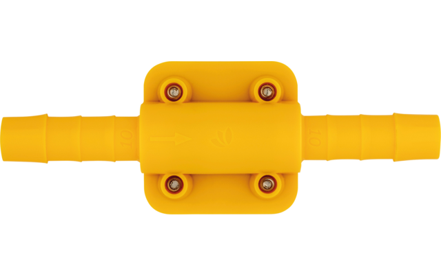 Pièce en plastique orange avec deux extrémités cylindriques côtelées et une partie centrale rectangulaire avec quatre vis visibles sur fond blanc