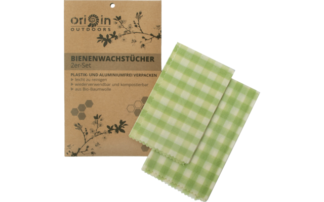 Origin Outdoors Serviettes de cire d'abeille, set de 2 à carreaux vert clair