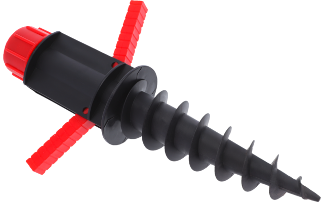 Schwarzes, spiralförmiges Kunststoffteil mit roten Quergriffen und rotem Ende vor weißem Hintergrund