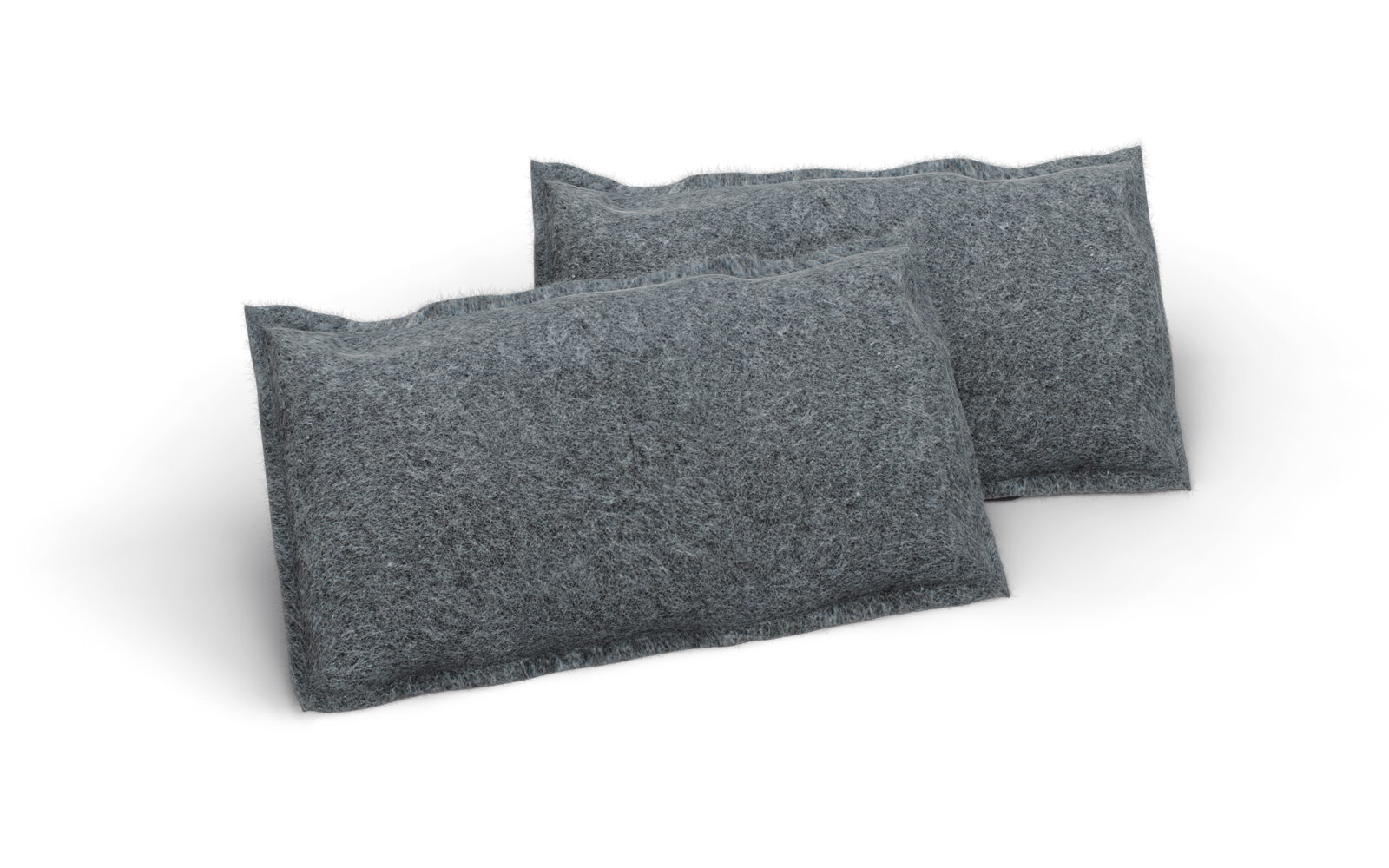 Zwei graue Kissen vor weißem Hintergrund