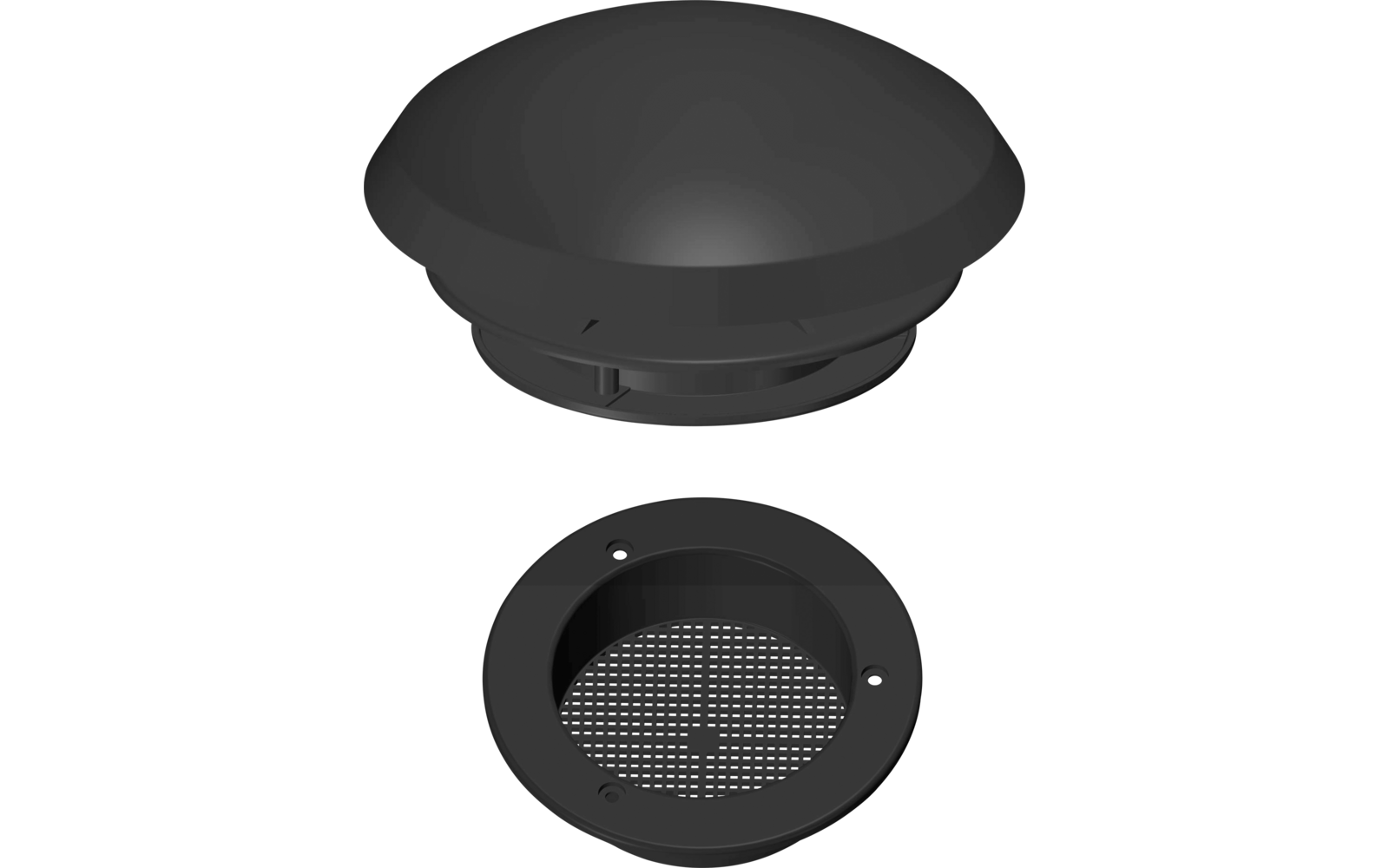 Couverture de ventilation ronde noire avec insert en maille, parties supérieure et inférieure affichées séparément