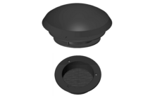 Schwarze runde Lüftungsabdeckung mit Gittereinsatz, oberer und unterer Teil separat dargestellt