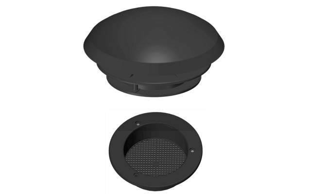 Schwarze runde Lüftungsabdeckung mit Gittereinsatz, oberer und unterer Teil separat dargestellt