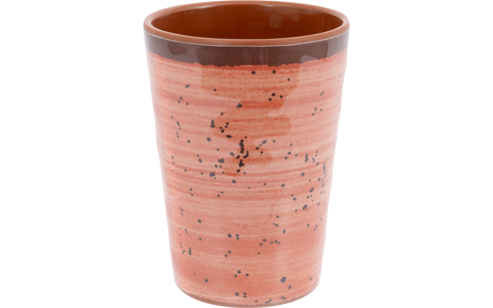 Konischer Keramikbecher, terrakottafarben mit dunkelbraunem Innenrand und schwarzen Sprenkeln