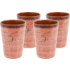 Vier rosa-orange Becher mit schwarzen Sprenkeln und braunem Innenrand, gruppiert