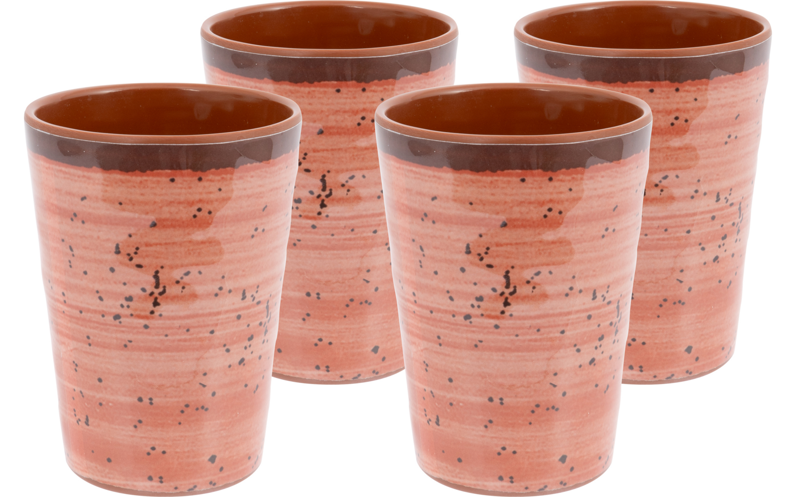 Vier rosa-orange Becher mit schwarzen Sprenkeln und braunem Innenrand, gruppiert