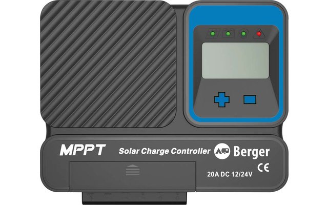 Controller di carica solare nero con display digitale e pulsanti, marca Berger