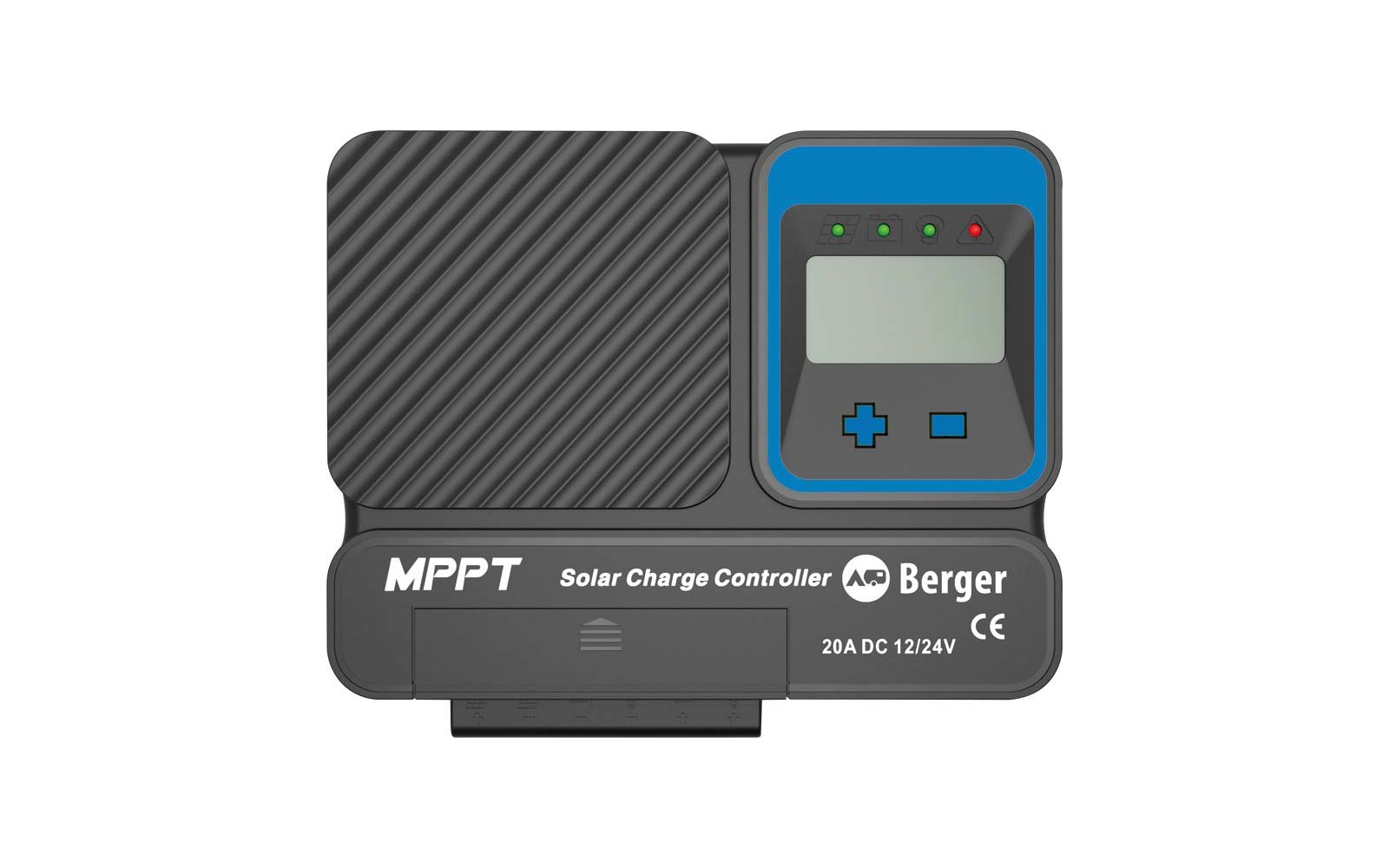 Controller di carica solare nero con display digitale e pulsanti, marca Berger