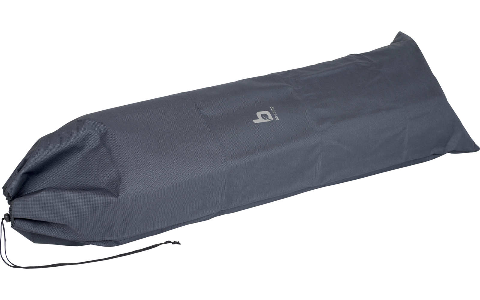 Housse longue en tissu gris foncé avec cordon de serrage et logo blanc au centre
