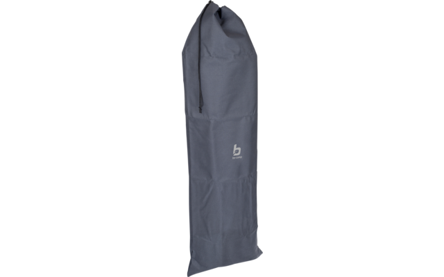 Sac en tissu gris, haut, avec cordon en haut, poche avant et logo blanc en forme de 'b'