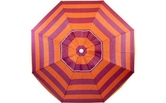 Aufsicht auf einen gestreiften Sonnenschirm in Orange und Magenta mit weißer Mitte