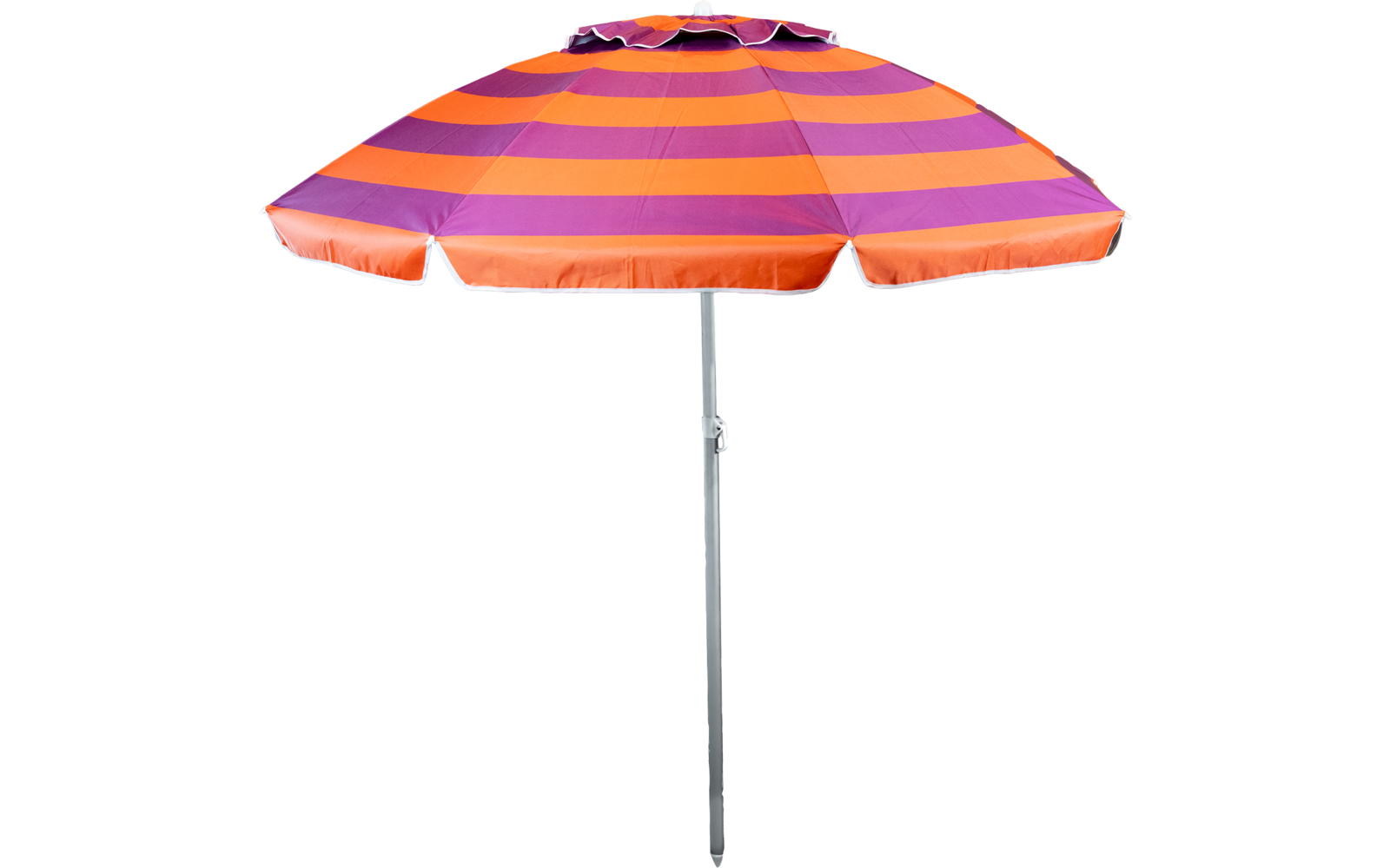 Aufgespannter Sonnenschirm mit orange- und violettfarbenen Streifen und weißem Ständer