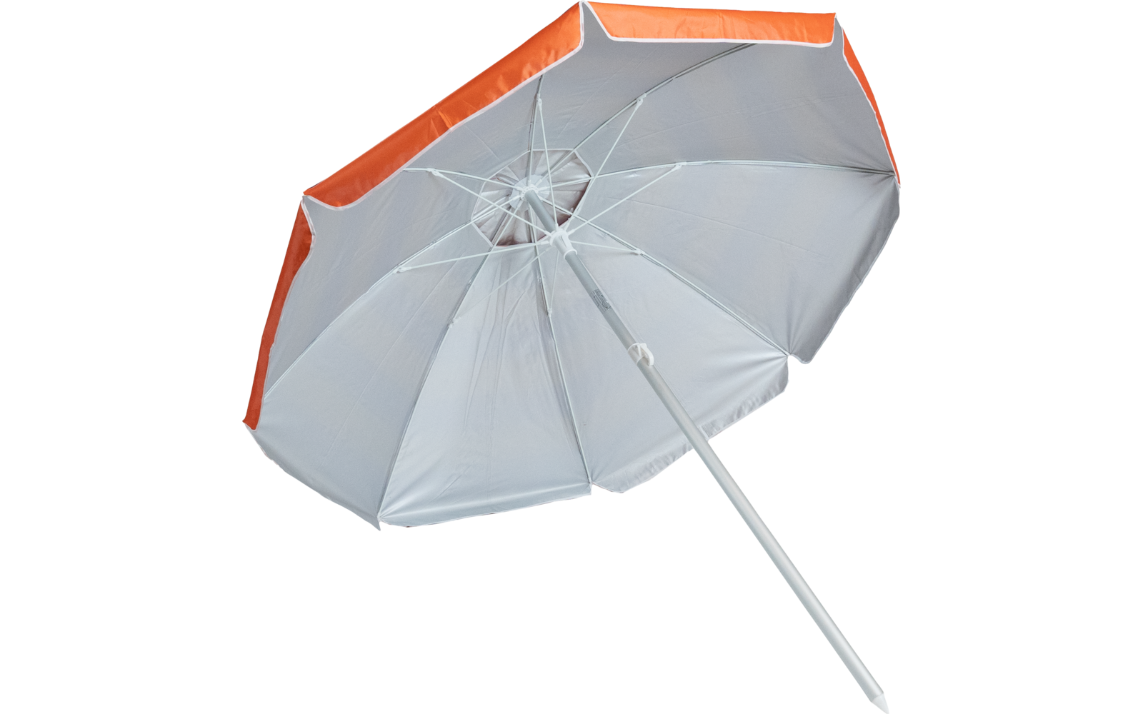 Aufgespannter Schirm mit weißer Bespannung und orangefarbener Kante, silberner Stiel, schräg von unten