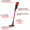 Aspirateur balai rouge et noir en position verticale, avec des flèches rouges et des libellés en allemand indiquant des parties et des accessoires