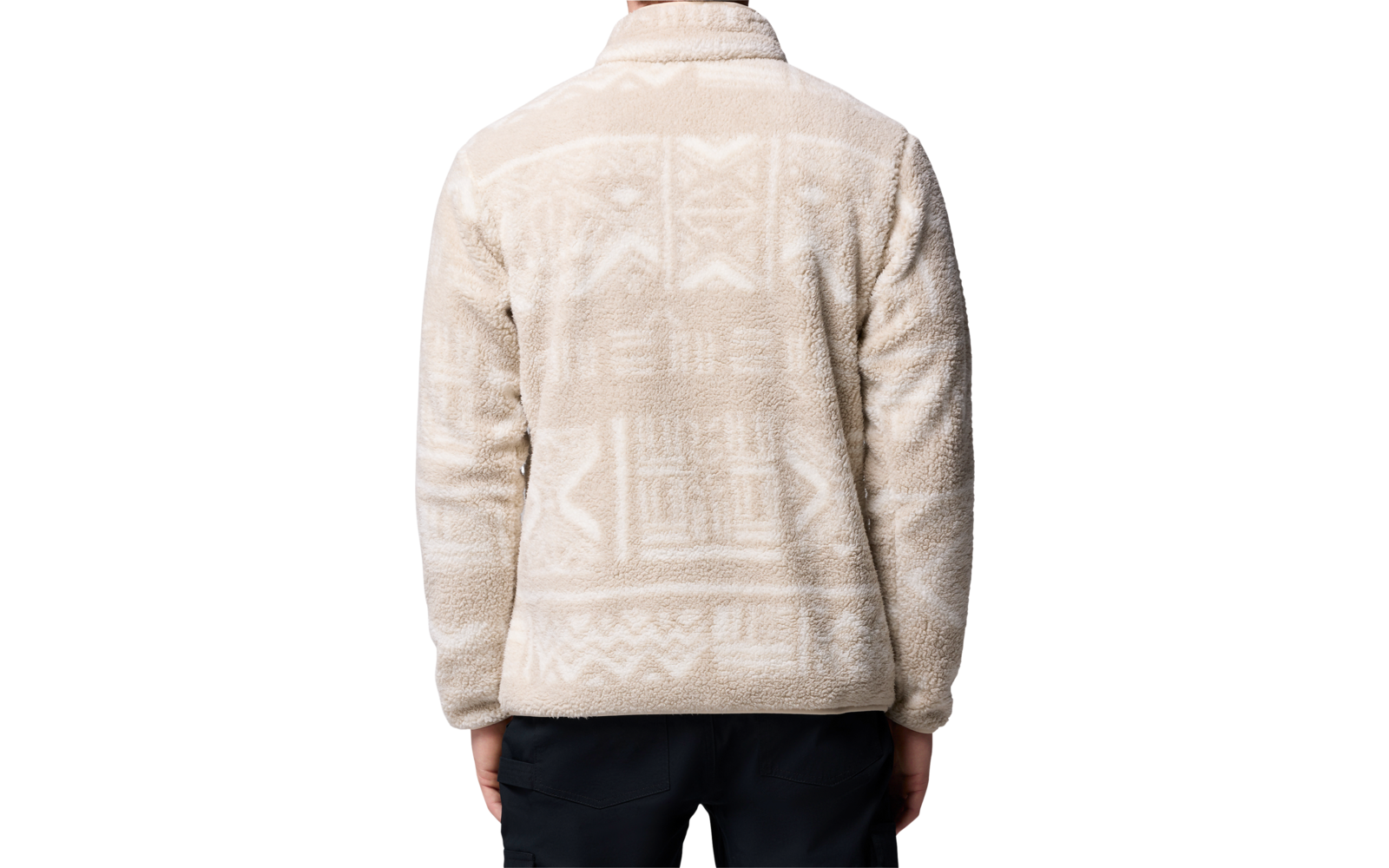 Person von hinten, trägt eine hellbeige Jacke mit Muster